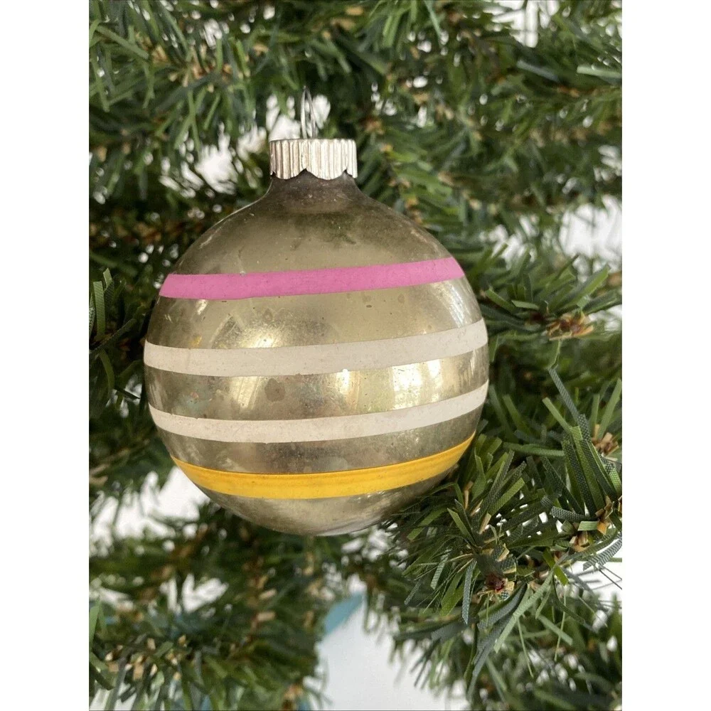 Vintage Christmas Glass Ball Ornament Striped Shiny Brite & Made USA Lot of 2